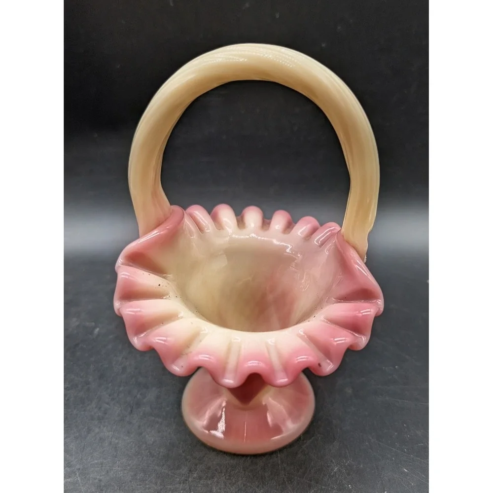 Vintage Fenton Pink Burmese Uranium Glass Basket Ruffled Rim Waffle Base 6 5